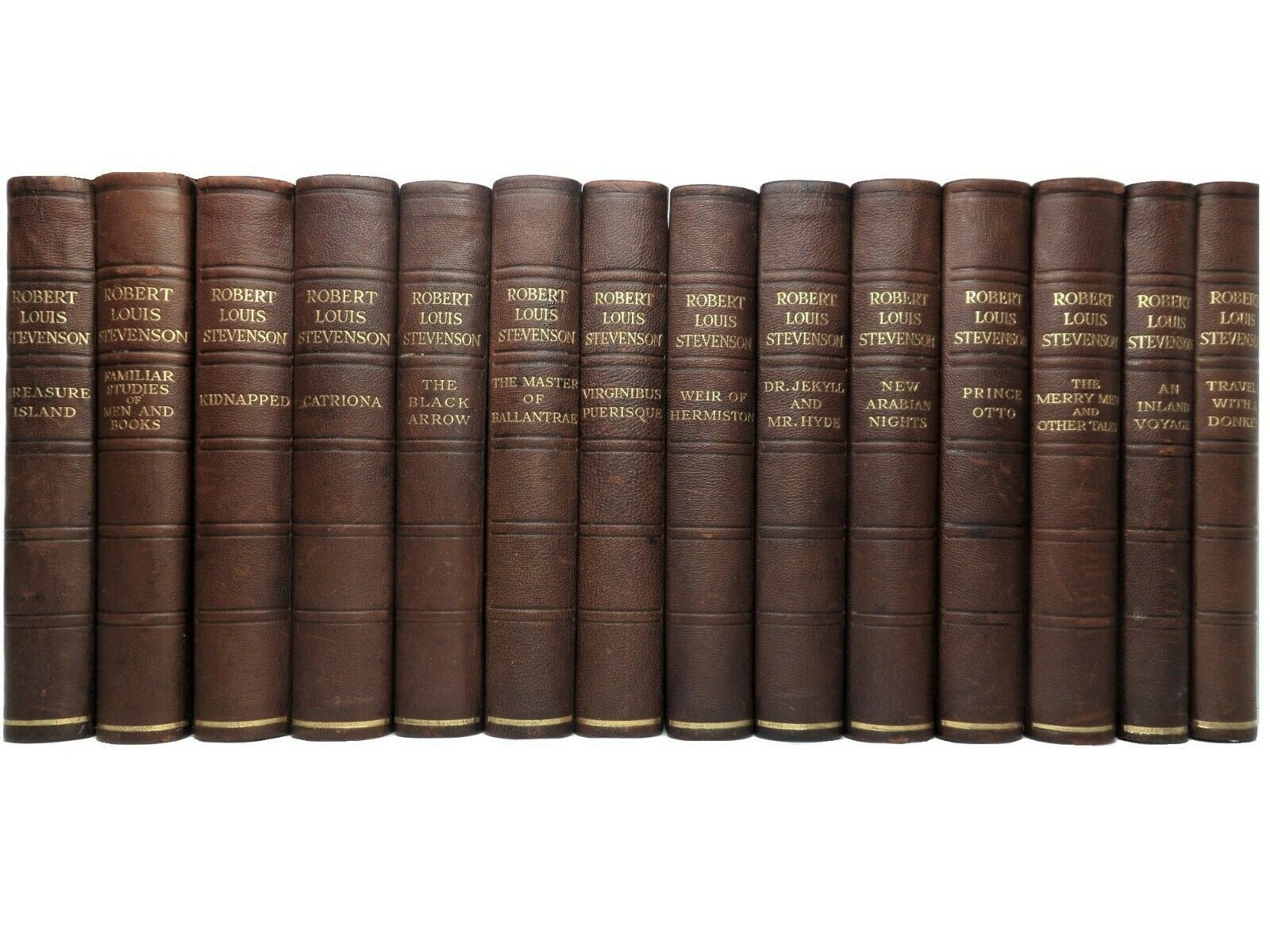 THE WORKS OF ROBERT LOUIS STEVENSON IN 14 LEATHER-BOUND VOLUMES CIRCA 1920