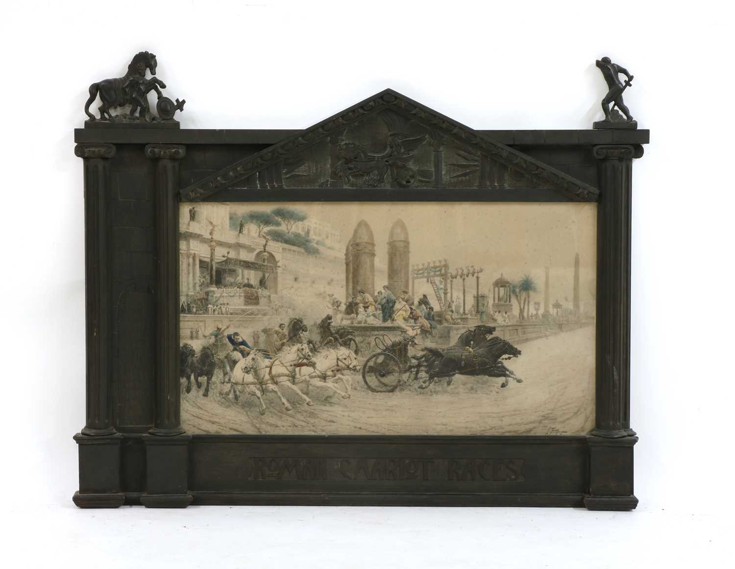 ANTIQUE 19TH CENTURY WATERCOLOUR - ROMAN CHARIOT RACE WITH ORIGINAL CARVED FRAME