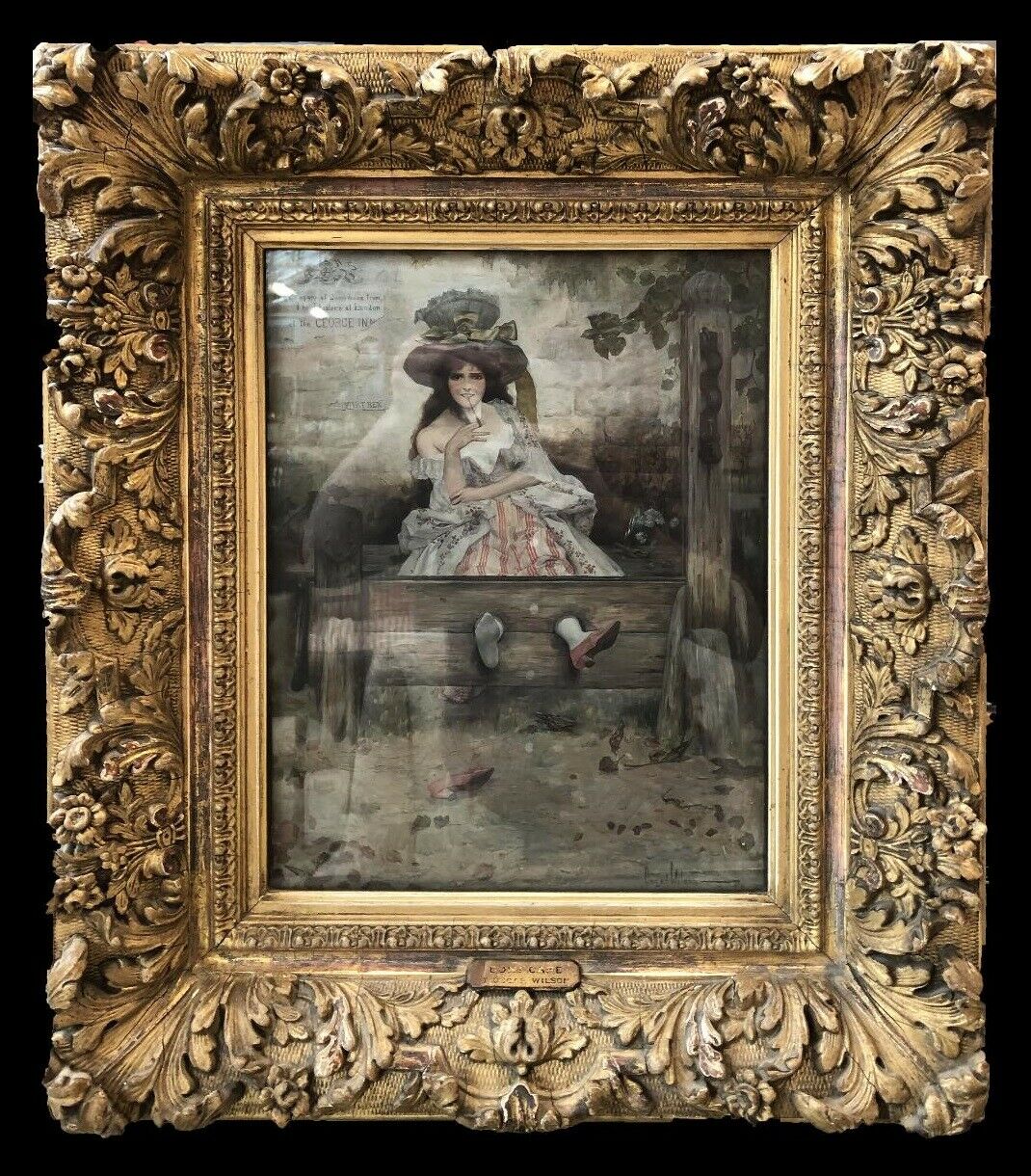 OSCAR WILSON (1867-1930) ANTIQUE OIL PAINTING, YOUNG GIRL IN STOCKS "DON'T CARE"