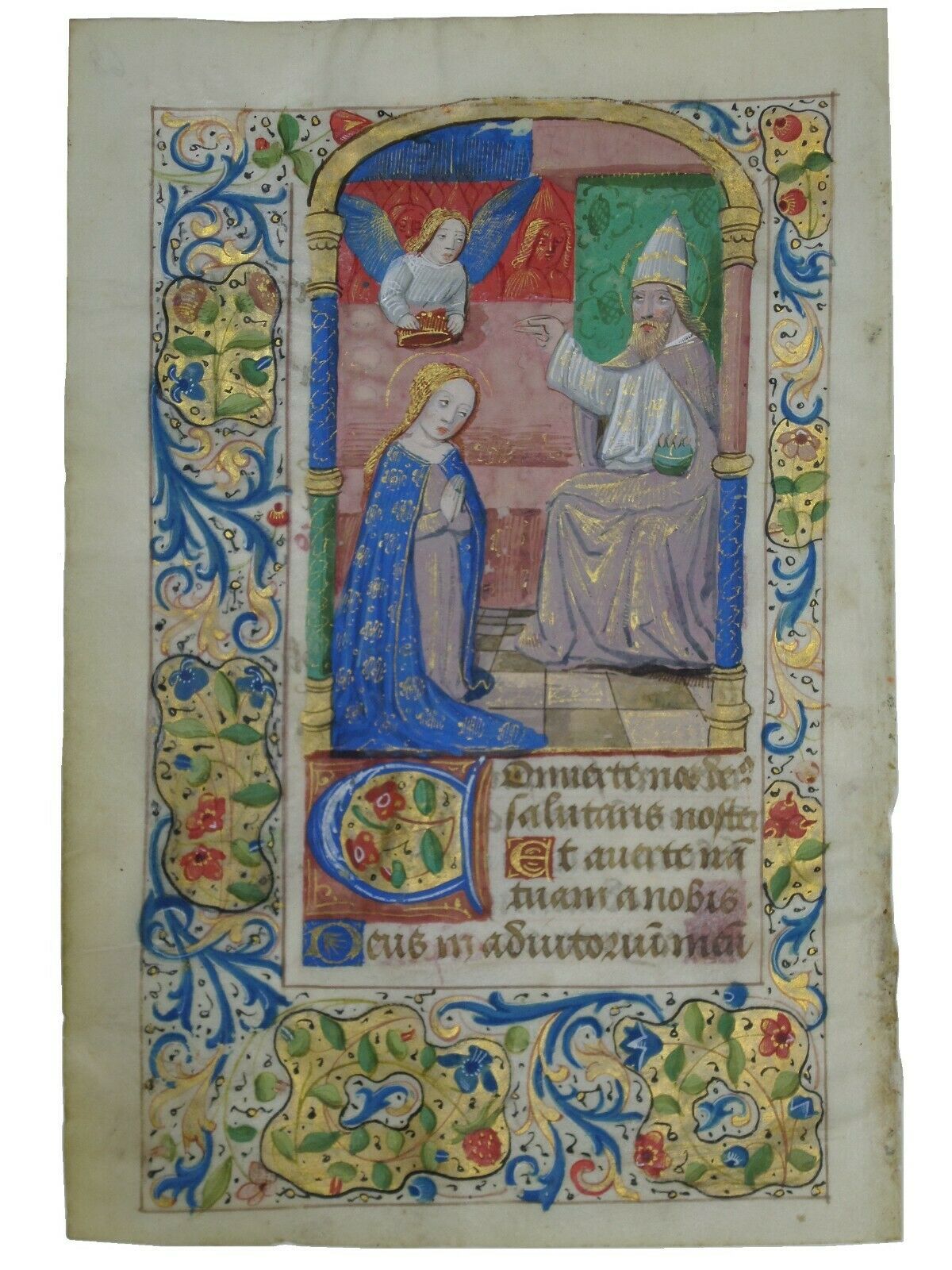 ILLUMINATED MANUSCRIPT BOOK OF HOURS LEAF C.1490 THE CORONATION OF THE VIRGIN