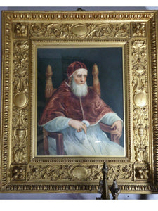 19TH CENTURY WATERCOLOUR PAINTING AFTER RAPHAEL; POPE JULIUS II, FINE GILT FRAME