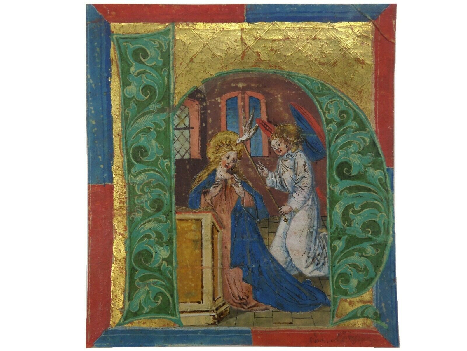 MEDIEVAL ANTIPHONER CHOIRBOOK ILLUMINATED INITIAL 'H' CA.1440 THE ANNUNCIATION