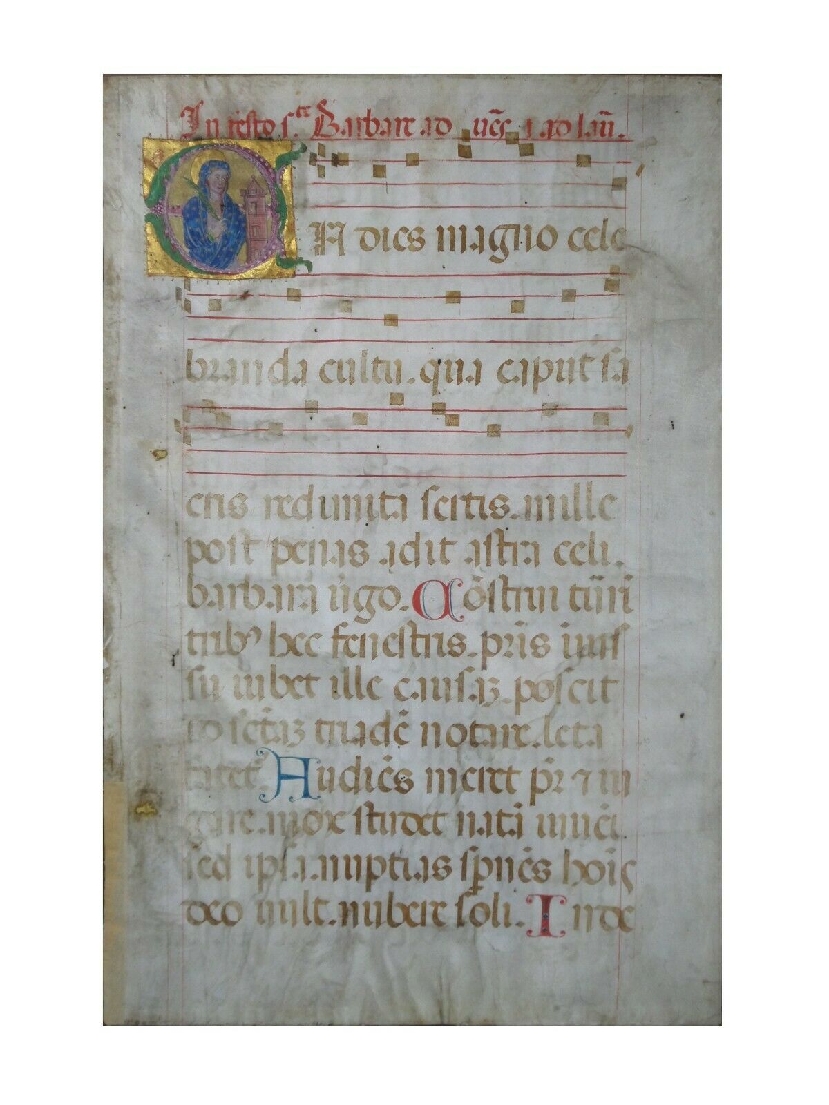 LARGE ILLUMINATED FERIAL PSALTER LEAF WITH MINIATURE OF ST BARBARA C.1480