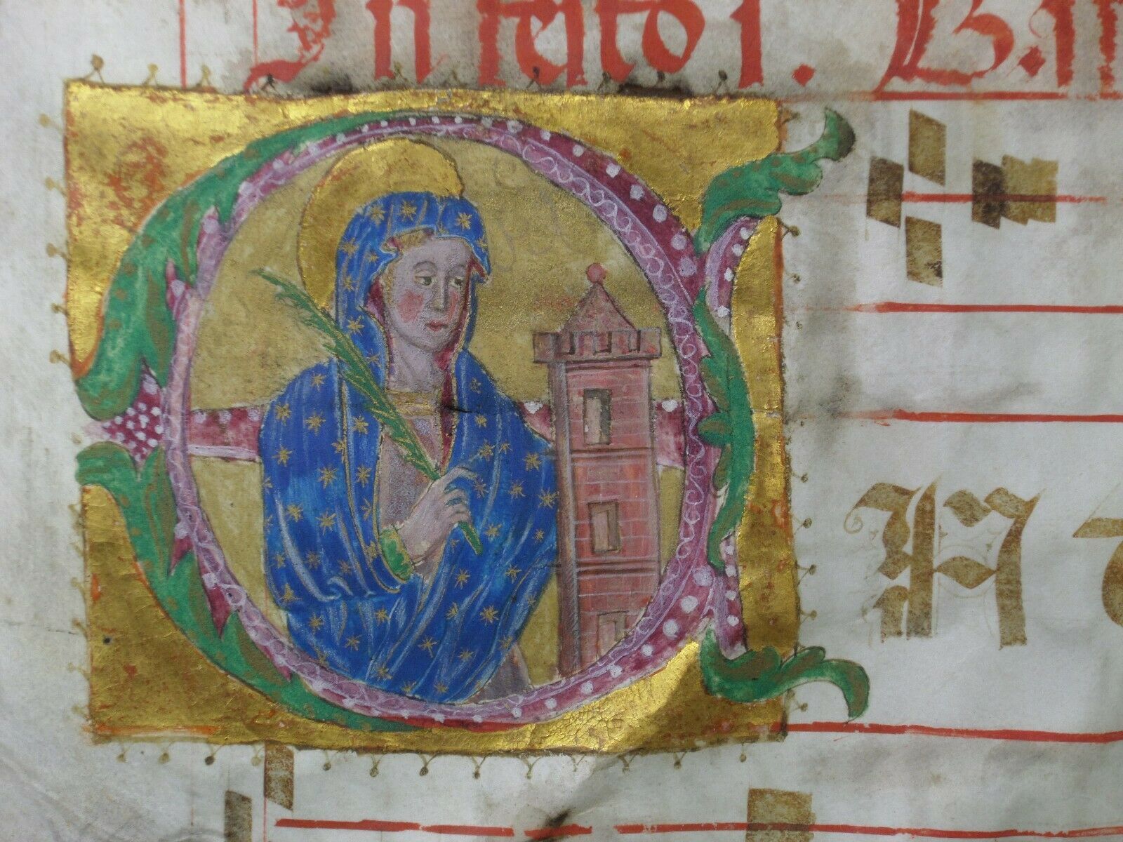 LARGE ILLUMINATED FERIAL PSALTER LEAF WITH MINIATURE OF ST BARBARA C.1480