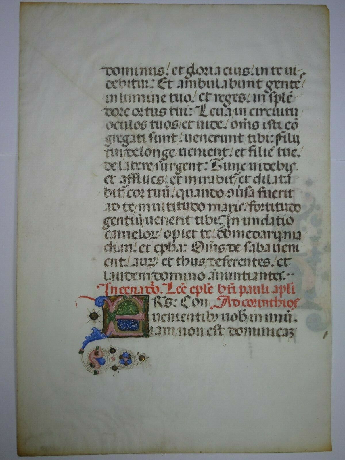 ILLUMINATED MANUSCRIPT BIBLE LEAF CIRCA 1450 Isaiah 60, Magi Historiated Initial
