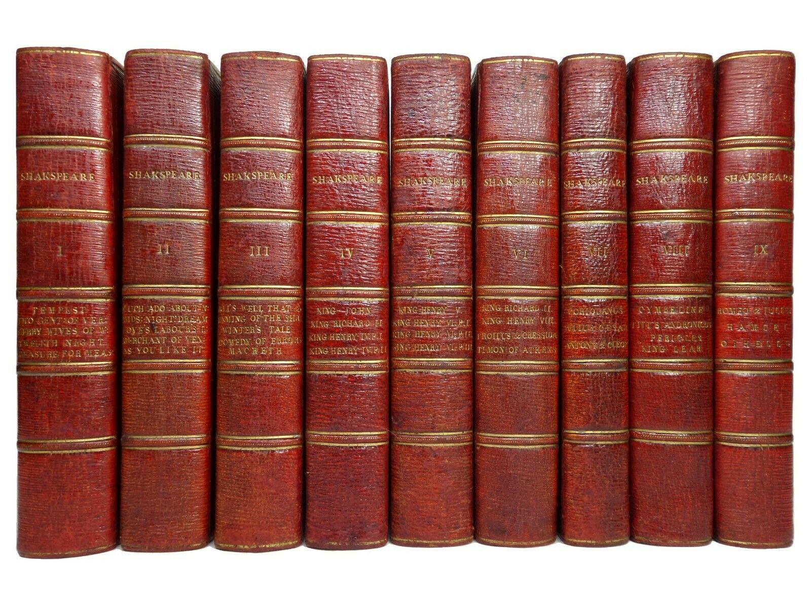 THE PLAYS OF WILLIAM SHAKESPEARE IN 9 VOLUMES 1798 FINE GEORGIAN MOROCCO BINDING