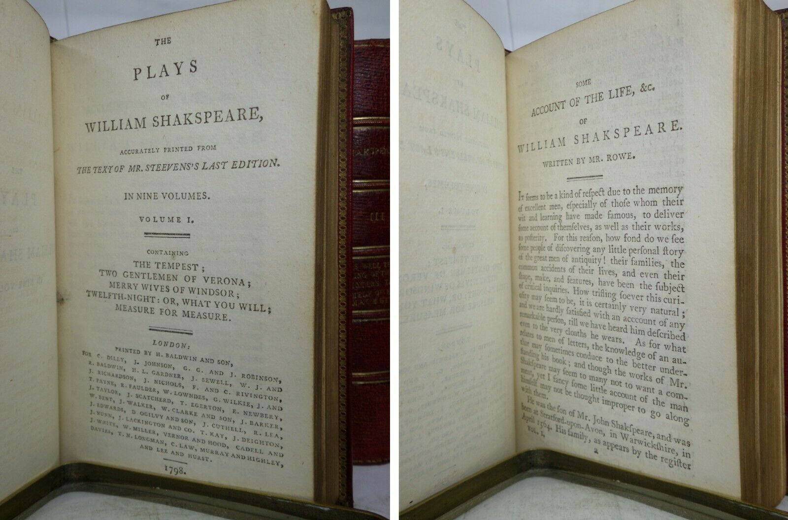 THE PLAYS OF WILLIAM SHAKESPEARE IN 9 VOLUMES 1798 FINE GEORGIAN MOROCCO BINDING