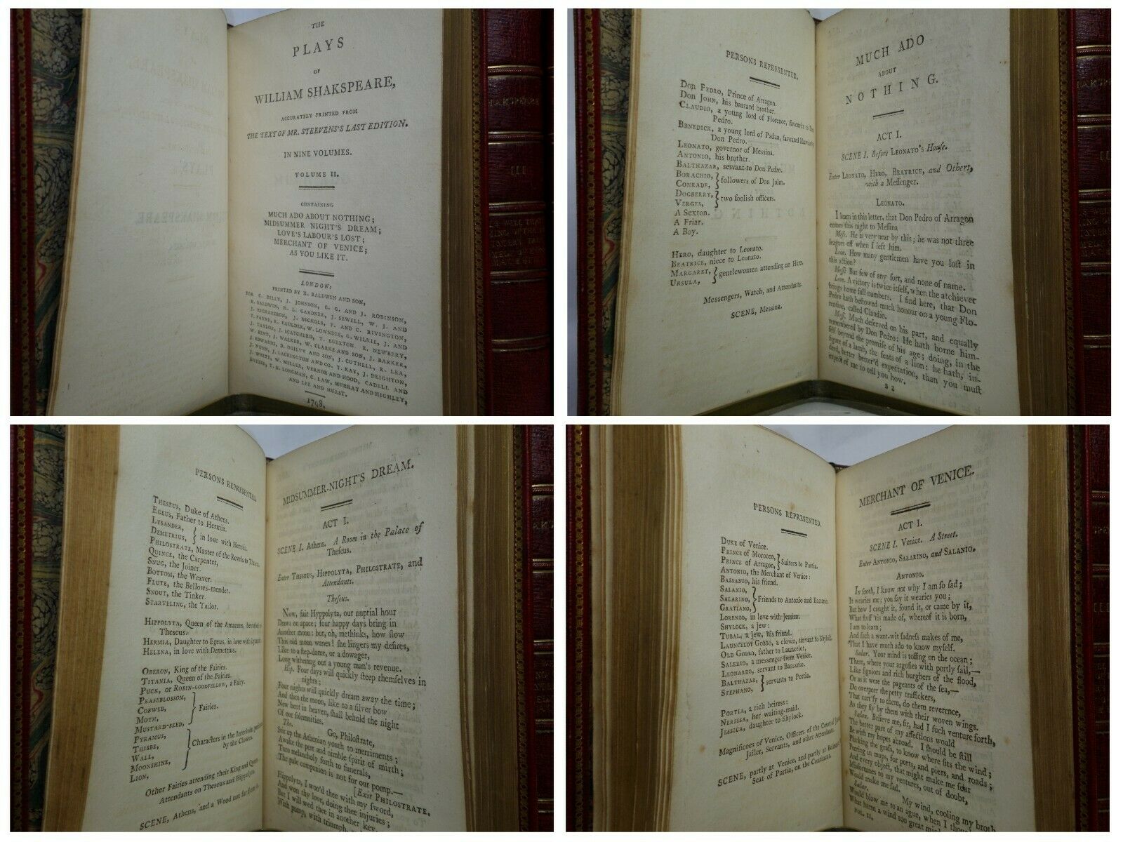 THE PLAYS OF WILLIAM SHAKESPEARE IN 9 VOLUMES 1798 FINE GEORGIAN MOROCCO BINDING