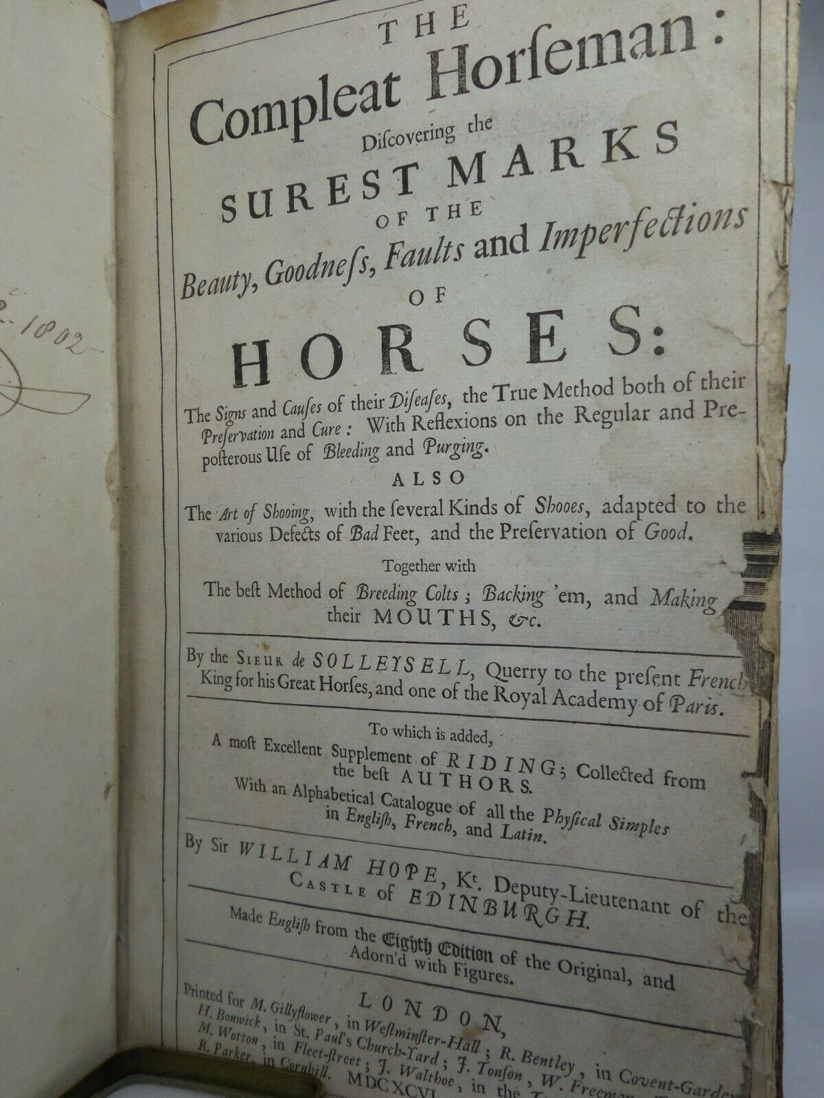 THE COMPLEAT HORSEMAN BY SOLLEYSELL 1696 TRANS. BY WILLIAM HOPE, FIRST EDITION